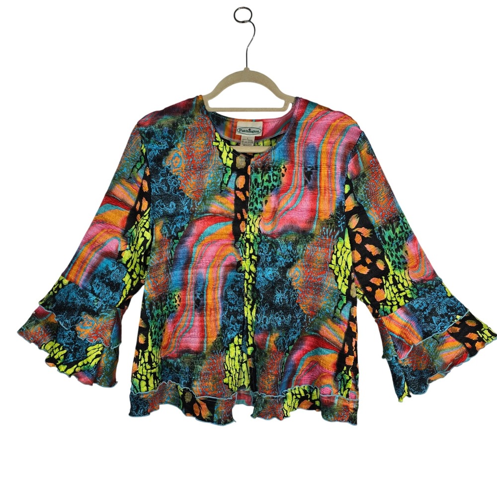 Patchington Womens Blouse Large Crinkle Tiered Bell Sleeve Vibrant Multi Color